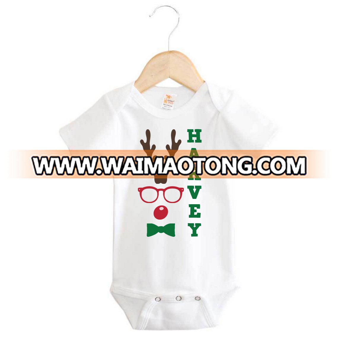 Baby Unisex White onesie Pantyhose Trendy Rudolf Red Nose Reindeer Personalized Name Green newborn baby cotton clothes